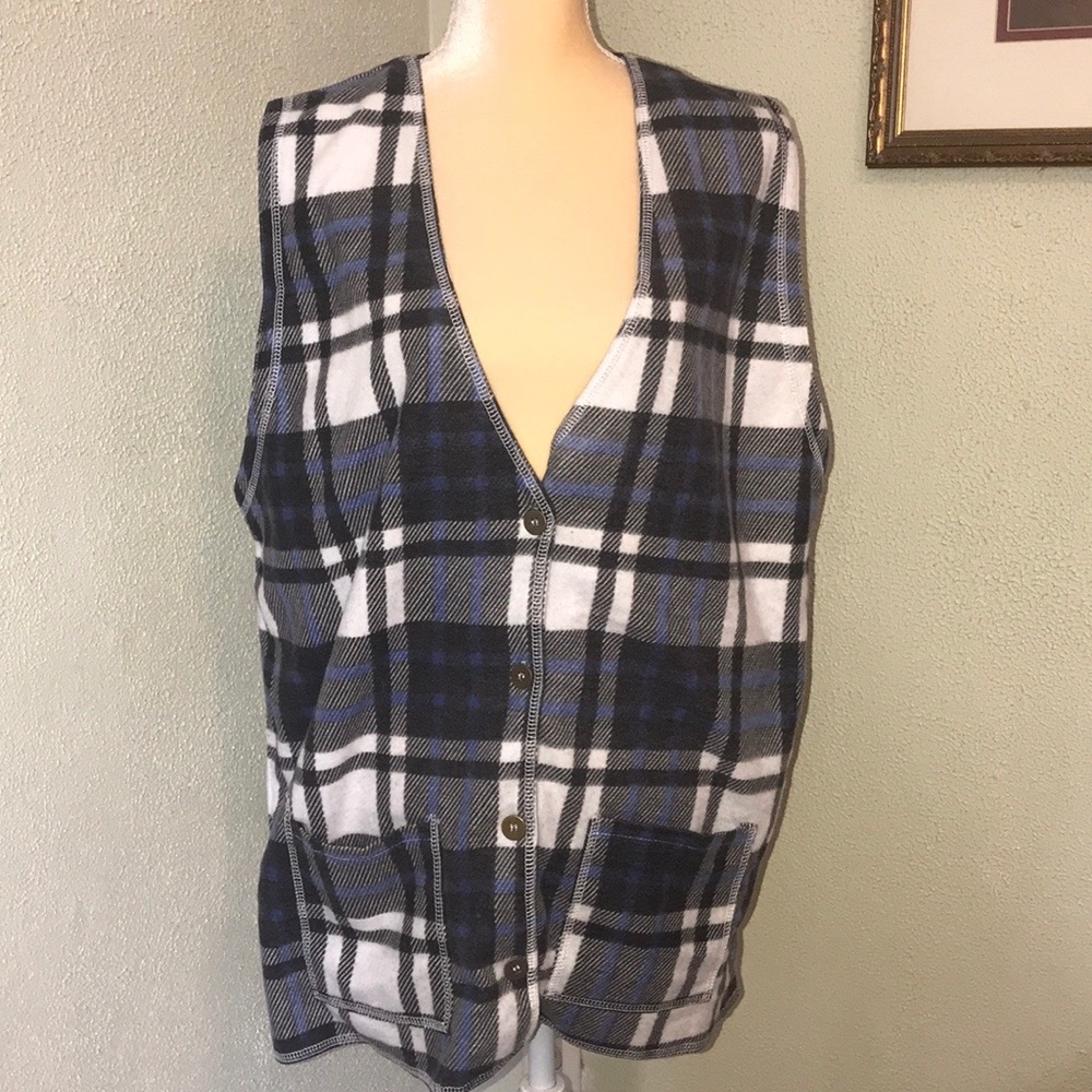 Lauren Brooke Blue Black Plaid Flannel Vest Large